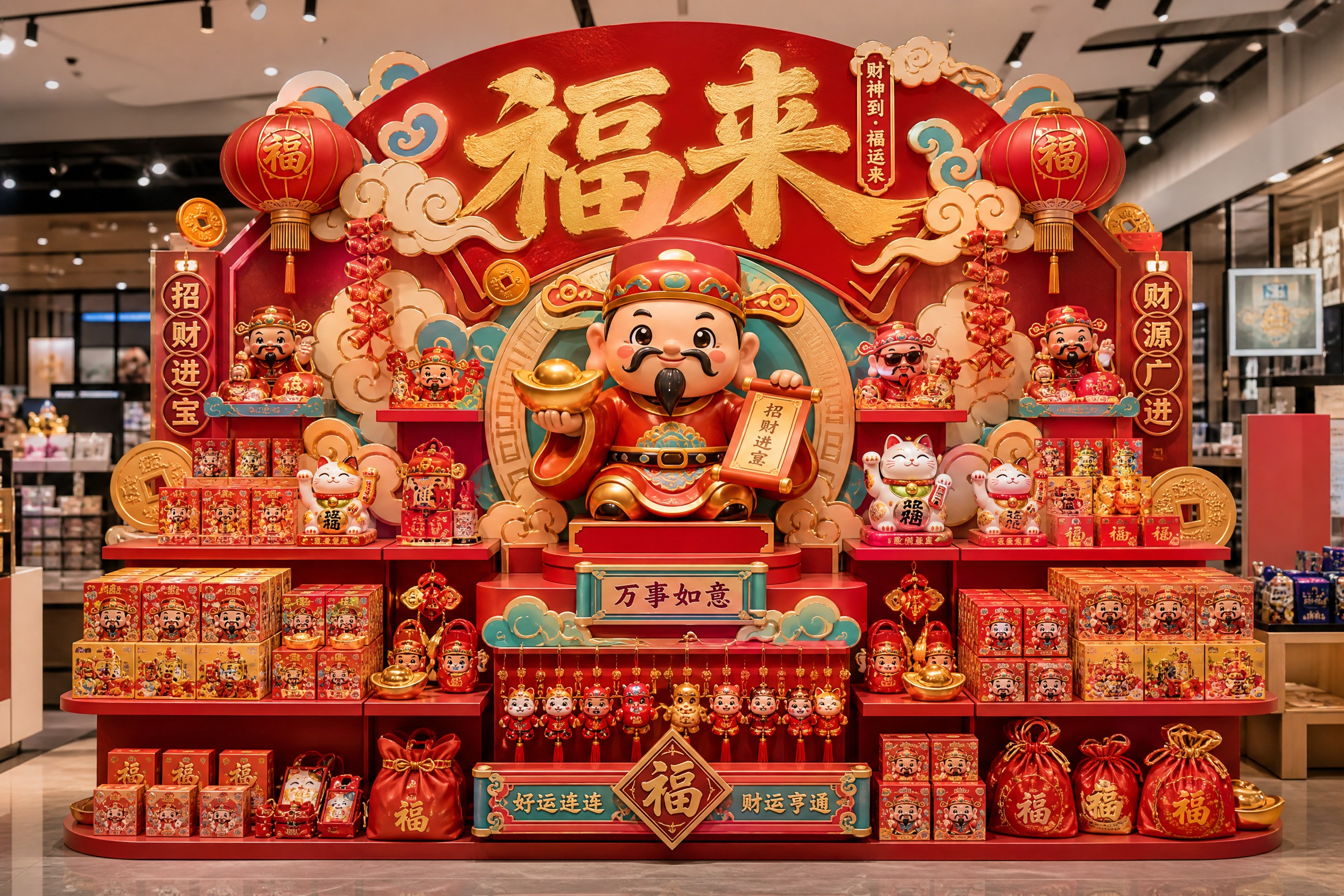 设计一个国潮潮玩"福来"主题货架，主要IP为国潮形象财神。整体… - 图片创意预览