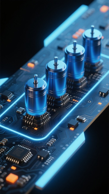 超写实3D渲染，特写镜头，一块精密电路板上整齐排列着五个蓝色圆柱形电机，电机外壳呈现光滑金属质感并带有细腻反光，底部有蓝色发光灯带环绕，电路板上布满复杂的电路纹路与黑色电子元件，部分元件点缀着橙色指示灯，整体以深邃的蓝黑色为基调，营造出科技感与未来感，光线从电机和电路板边缘柔和溢出，形成明亮的高光与渐变光影效果，背景为纯黑以突出主体的科技精密感与金属光泽。预览效果