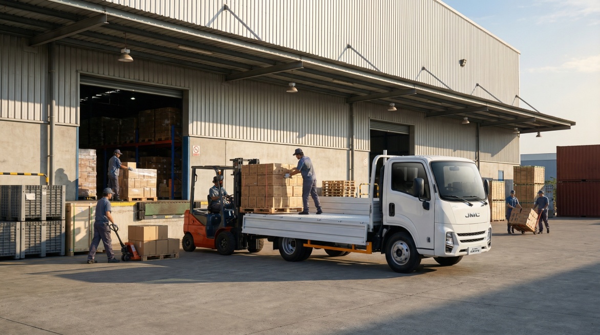 将白色JMC卡车放置在城郊物流仓库装卸货的写实场景中，画面写实风格，无文字预览效果