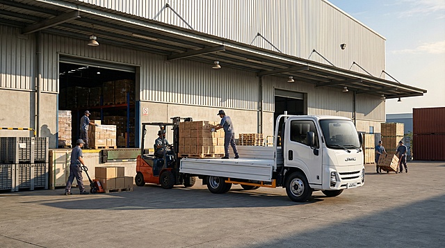 将白色JMC卡车放置在城郊物流仓库装卸货的写实场景中，画面写实风格，无文字