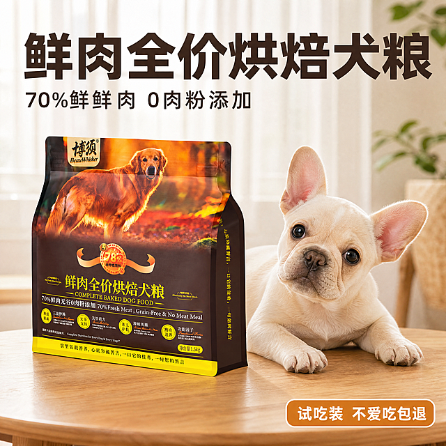 鲜肉全价烘焙犬粮首图，温馨清新室内宠物场景风格，商业摄影质感，光线明亮柔和，产品清晰真实，画面干净高级。画面中心100%保留用户最新上传的这张原版犬粮包装袋，所有文字图案信息、产品造型完全不做任何修改，保留所有包装细节，无任何变形色差，包装袋放置在浅胡桃木餐桌上，一只奶白色法斗幼犬趴在餐桌旁，歪头看向镜头，背景是浅色纱帘透进柔和自然光。主文案大字粗体无衬线写“鲜肉全价烘焙犬粮”，下方辅助小字写“70%鲜鲜肉 0肉粉添加”，右下角圆角标签写“试吃装 不爱吃包退”，所有文字清晰锐利，不遮挡产品和狗狗主体。商品主体占比70%左右，1:1正方形构图，4K分辨率，无变形无水印无文字错乱，温馨清新氛围感拉满，严格保留用户提供的包装原图信息不变。