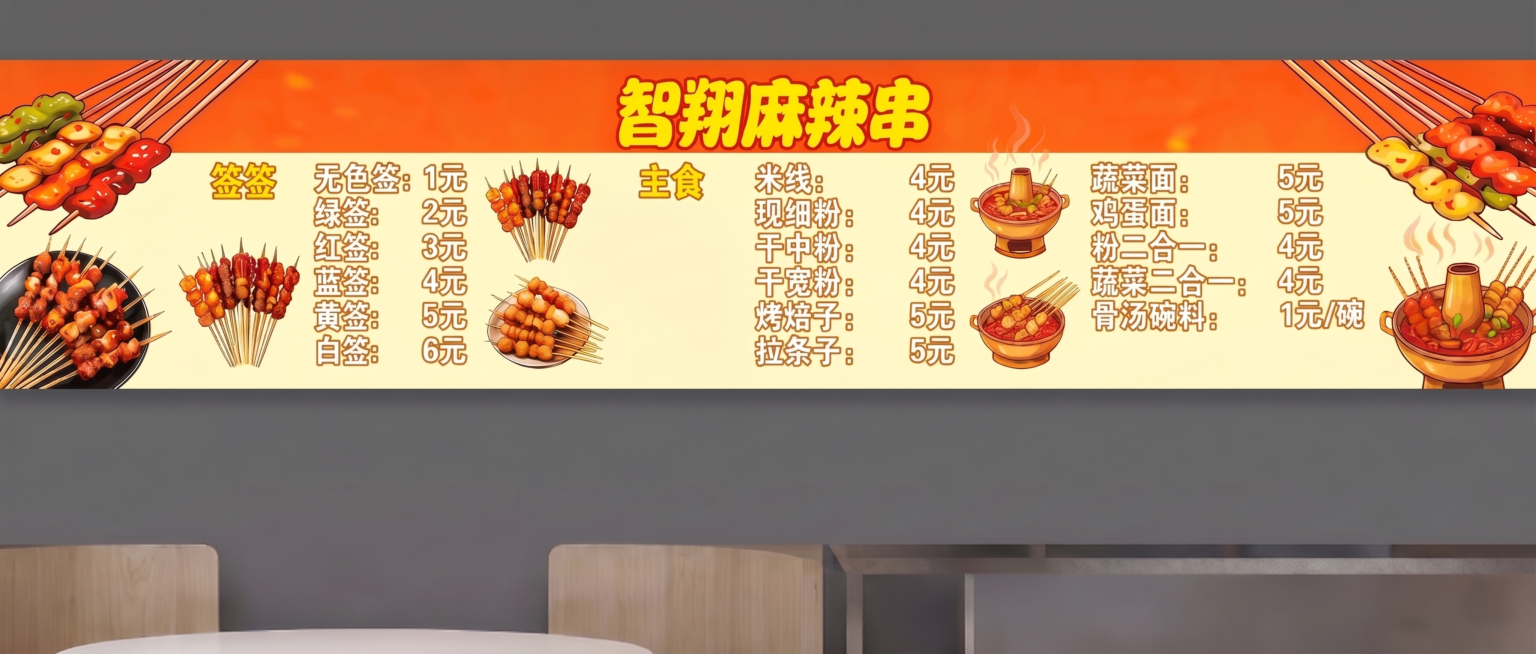 将菜单中‘长签’文字替换为‘绿签’，‘短签’替换为‘无色签’，其余所有文字、价格、图案、排版保持不变；确保替换后文字清晰可读，整体风格与原图一致，生成高清适合广告打印的图片预览效果
