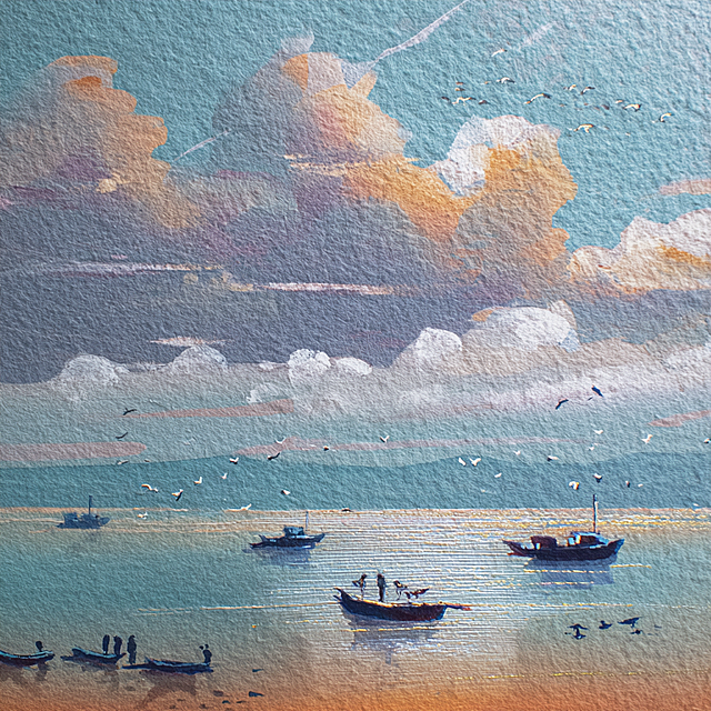 现代美学，色彩颗粒，丙烯画、布面油画，色粉画，岩彩画，扁平化，光影艺术，插画、绘本插图、风景、自然主题、肌理触感等，复杂的细节，细致的描绘，肌理纸制作与画面特殊效果的把控是作品的灵魂，画面细腻耐人寻味、如肌理纸上的二次创作，如画、划等手法、特定色彩与肌理效果，画我所熟悉的海滩、几只鹬鸟、云朵、波光粼粼的海面上的船只和美丽的风景等主题。她每天都在进行绘画实验，在形状、颜色和线条上变得更加自由和具有实验性。