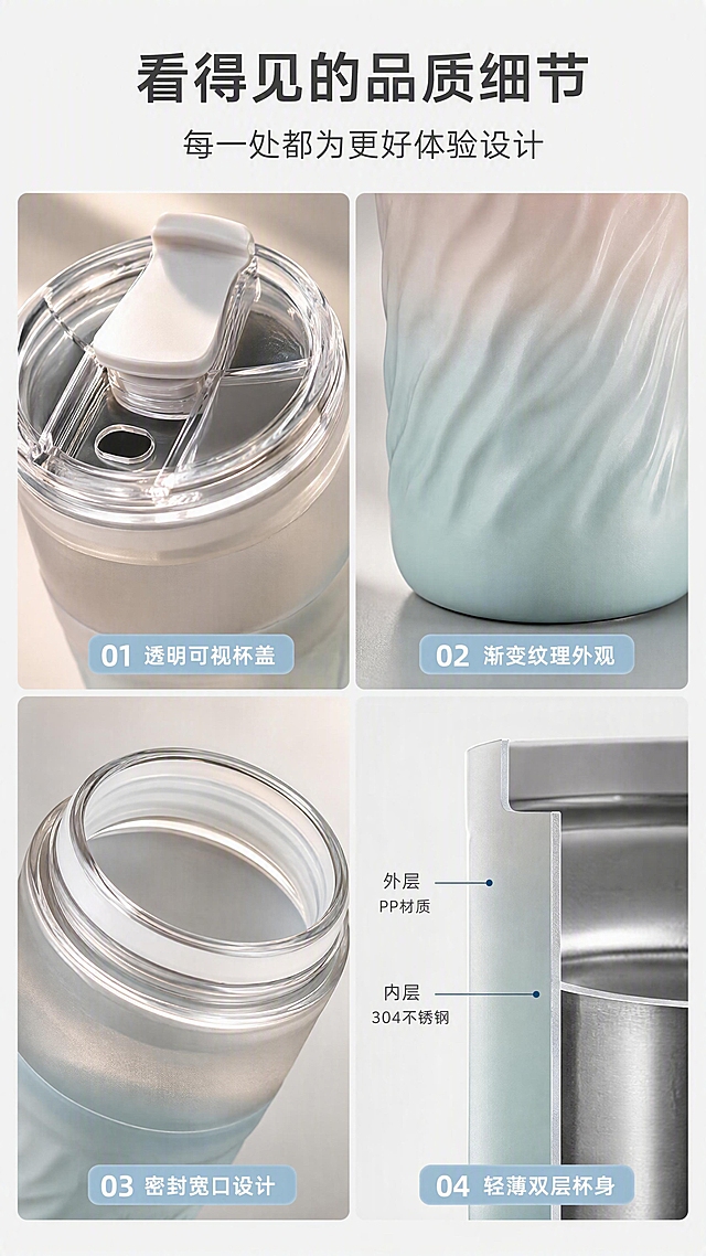 [第3张] 详情页结构材质页 - 四宫格局部特写展示。本张使用【图1】作为商品主体，分别截取透明杯盖、渐变纹理、杯口细节、杯身轻薄剖面四个局部进行特写展示。
[氛围/风格] 精致微距质感，柔和自然光，商业产品摄影，高级细腻。
[元素布局] 2×2四宫格拼图布局，每格一个局部特写，格间有细白边分隔；左上格：透明可视杯盖特写，展示翻盖结构与透明材质，能看到内部饮口；右上格：渐变纹理外观特写，展示杯身波浪纹理与青蓝到乳白的渐变过渡，光影下纹理有立体感；左下格：杯口细节特写，展示密封硅胶圈与宽口设计，材质光滑；右下格：杯身轻薄剖面示意，展示杯壁厚度与双层真空结构；每格底部有编号与短标签。
[光影质感] 每格独立布光，均采用45°侧柔光，突出材质纹理与立体感，金属/塑料质感真实，透明件有通透高光。
[配色色系] 全局底色浅灰白#F5F5F5；主色延续产品浅青蓝渐变；辅助色白色、深灰文字；点缀色浅蓝编号底块。
[视角构图] 四宫格等分布局，每格为微距特写视角，整体阅读动线从上到下、从左到右。
[文字版式] 顶部居中主标题「看得见的品质细节」，副标题「每一处都为更好体验设计」；四宫格每格右下角有圆角编号标签：「01 透明可视杯盖」「02 渐变纹理外观」「03 密封宽口设计」「04 轻薄双层杯身」；标签文字白色，浅蓝底色；字体为清晰无衬线黑体。
[比例分辨率] 9:16 竖版比例，4K分辨率，文字清晰可辨，高清画质。
[负向提示词] 变形，水印，文字错乱，文字过小，结构错误，颜色偏差，产品模糊，背景杂乱。