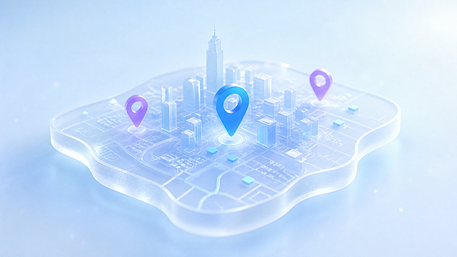 参考该图片的玻璃磨砂3D城市地图定位针风格，重新生成画面内容，保持浅蓝清新玻璃质感的3D设计，保留城市地图定位元素