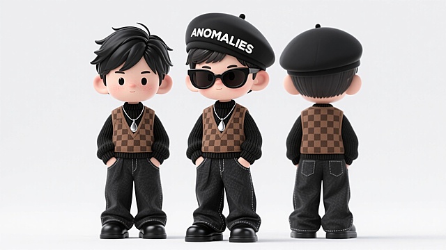 Q版人物，正面，全身，可爱的卡通形象，纯白色干净背景，穿着一套休闲风格的街头服装，包括一件棕色格子纹套头V领马甲，搭配一件黑色内衬的毛衣，脖子戴银色水滴吊坠。下身穿着宽松的黑色牛仔裤，脚上穿着黑色皮鞋。头戴一顶黑色贝雷帽，帽子英文ANOMALIES，眼睛上戴着黑色墨镜的小男孩，黑色头发，表情高冷