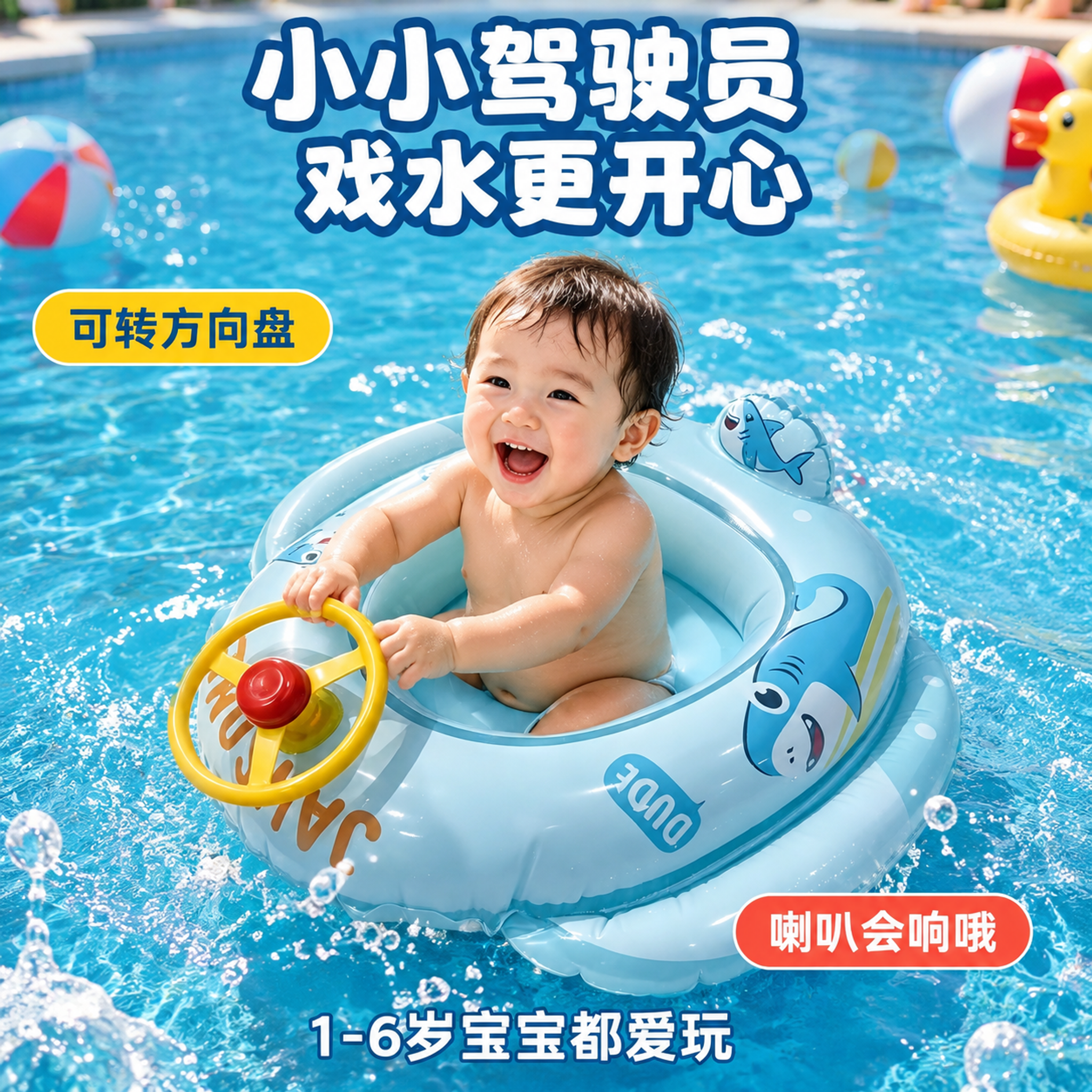 [主图-8] 儿童游泳坐圈趣味方向盘互动图，蓝色鲨鱼款宝宝驾驶… - 图片创意预览