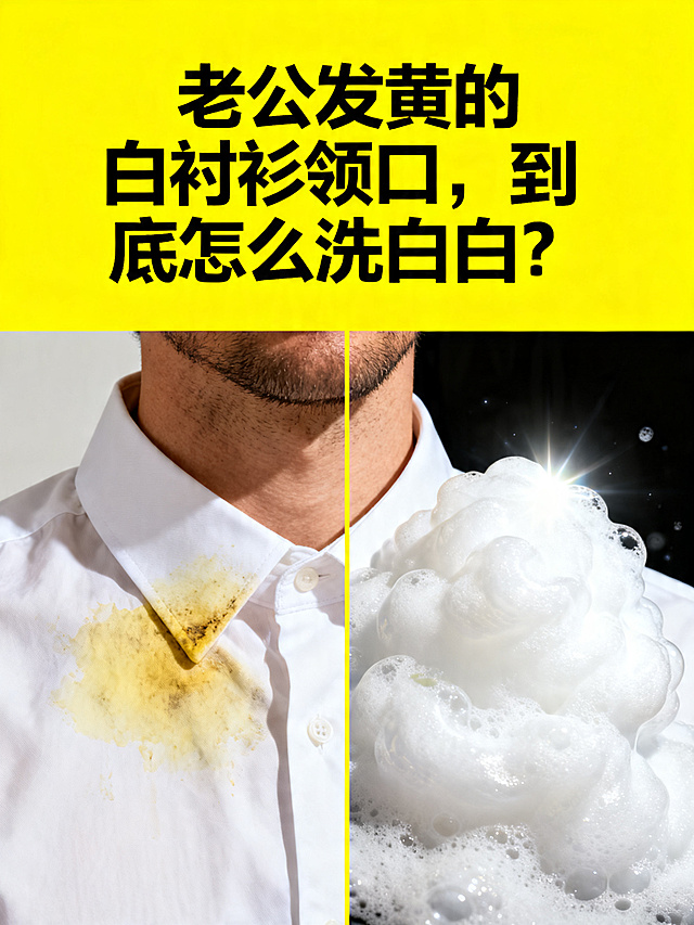 A dramatic split screen graphic. Left side: a close-up of a man's white shirt collar with an ugly dirty yellow stain. Right side: rich, dense, glowing white cleaning foam magically erasing the stain to pure white. Bright yellow solid background at the top, large blank space for text "老公发黄的白衬衫领口，到底怎么洗白白？", eye-catching poster style