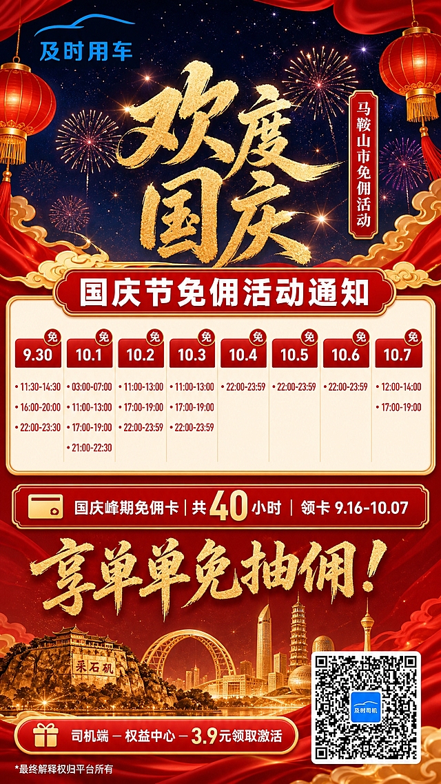 竖版9:16网约车司机商用宣传海报，红金国潮国庆主题。背景为深邃星空夜空，绚烂烟花绽放，金色祥云装饰，底部马鞍山城市建筑金色剪影（含采石矶、马鞍山地标），两侧悬挂红色灯笼带金色流苏，红色绸缎装饰，整体喜庆大气。

左上角放置图1中的「及时用车」蓝色汽车线条logo，清晰完整不被遮挡。

中央偏上：超大金色书法大字"欢度国庆"，毛笔飞白质感，金光闪耀。右侧竖排红色长标签，内有白色文字"马鞍山市免佣活动"。

标题栏：红色圆角矩形，金色描边，白色粗体大字"国庆节免佣活动通知"。

日历区域（白底米色边框，区域高度充足）：
- 顶部8个日期格：9.30、10.1、10.2、10.3、10.4、10.5、10.6、10.7
- 所有8个日期均为免佣日期，红底白字高亮，每个右上角红色圆形"免"字角标（金色描边）
- 下方红色圆点逐条列出每日免佣时段，时间数字字体大、加粗，清晰醒目，行间距宽松
- 必须保证日历内所有时间文本完全正确

日历内准确时段如下：
9月30日：11:30-14:30；16:00-20:00；22:00-23:30
10月1日：03:00-07:00；11:00-13:00；17:00-19:00；21:00-22:30
10月2日：11:00-13:00；17:00-19:00；22:00-23:59
10月3日：11:00-13:00；17:00-19:00；22:00-23:59
10月4日：22:00-23:59
10月5日：22:00-23:59
10月6日：22:00-23:59
10月7日：12:00-14:00；17:00-19:00

活动信息区：
- 红色通栏金色边框："国庆峰期免佣卡｜共40小时｜领卡9.16-10.07"，左侧配卡片图标，数字"40"放大突出

底部：
- 金色书法大字"享单单免抽佣！"，毛笔风格
- 红色圆角按钮金色边框："司机端 — 权益中心 — 3.9元领取激活"，配礼物图标
- 右下角放置图2中的真实二维码（及时司机二维码），白色边框清晰可识别
- 左下角小字"*最终解释权归平台所有"

红金配色国潮风，排版精美，文字清晰锐利，商用高清画质，无AI水印。

所有数字必须精确渲染，不得错位、遗漏或编造：9.30、10.07、40、9.16、10.07、11:30、14:30、16:00、20:00、22:00、23:30、03:00、07:00、11:00、13:00、17:00、19:00、21:00、22:30、23:59、12:00、3.9

日历内时间数字必须准确无误、清晰易读。