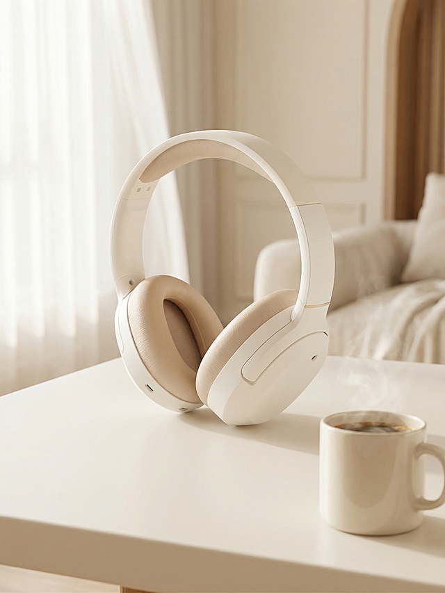将这张白色头戴式耳机融入场景，保持耳机主体物理结构不变，保持Logo原样，强制保留耳机完整组件。C4D渲染，OC光追，塑料外壳使用柔和漫反射与次表面散射营造亲肤高级感。采用法式奶油风，柔光箱漫射光，米白奶咖色调，放在暖白色磨砂桌面上，搭配一杯热咖啡。商业高调摄影，柔和漫射光从左侧透光窗帘射入，画面整体明亮通透，三分法构图，保留前中后景层次。负向提示词：塑料感、低模、噪点、平面化、多余的盖子、缺失的部件、变形、摄影灯、柔光箱、三脚架、水印、文字、昏暗光线、死黑阴影、畸变透视、比例失调、西方面孔、金发、深眼窝、雀斑、杂乱房间、硬光、乡村风、高对比度
