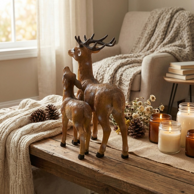 将图中的母子鹿摆件放置在温馨的家居场景中，展示斜后方角度，画面无文字，整体风格温暖治愈，家居环境自然和谐，突出摆件的质感预览效果