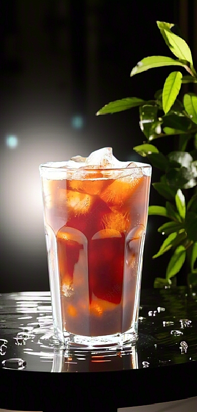 光影交错，玻璃杯中可乐清透，绿叶点缀，清新自然。