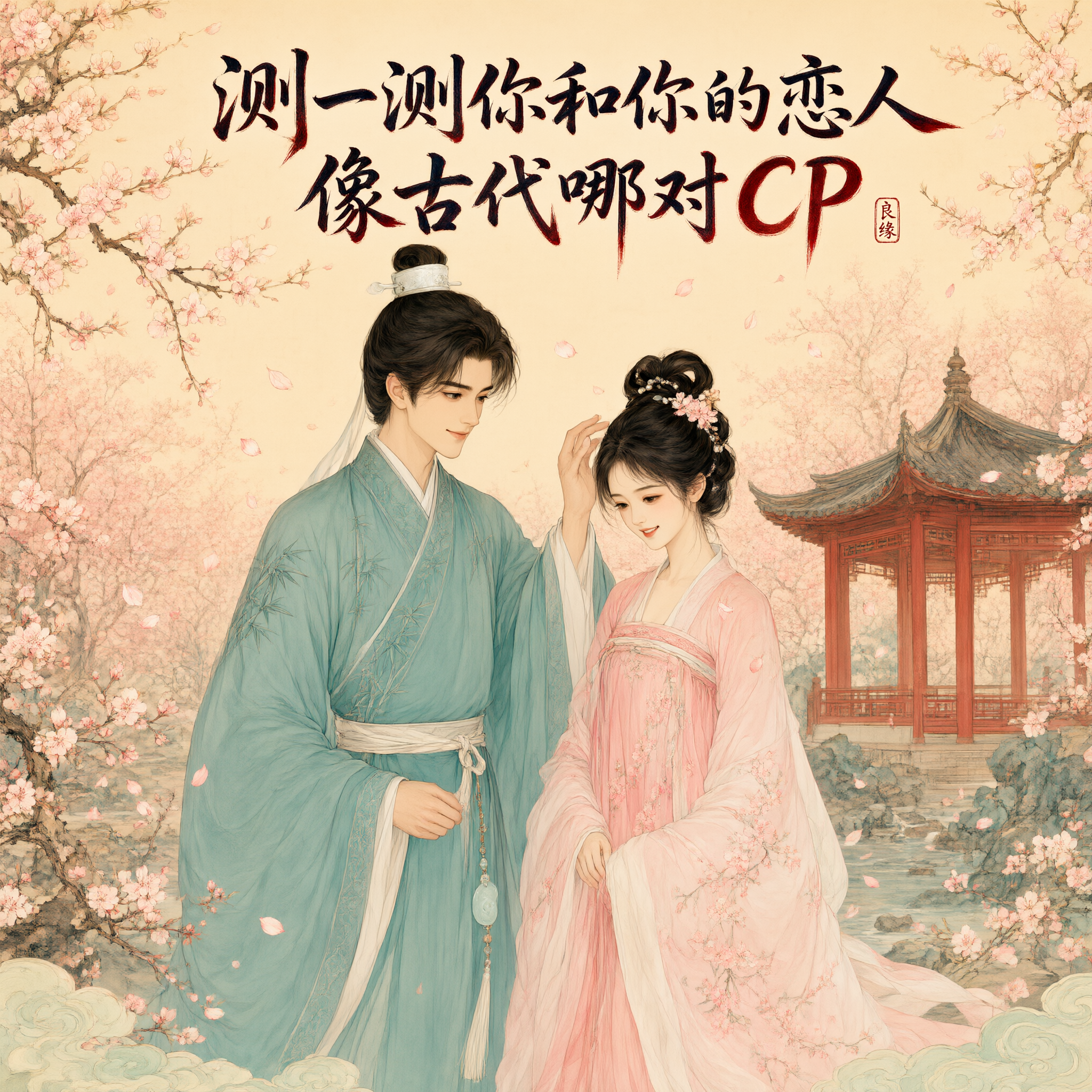 古风唯美插画，一对古代情侣并肩而立，男子着青色长袍温润如玉，女… - 图片创意预览