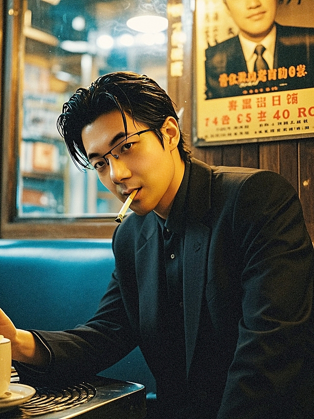 西装帅哥，留着油头，叼着香烟，背景是老式茶餐厅，墙上挂着旧海报，暖黄滤镜，80 年代港片风格