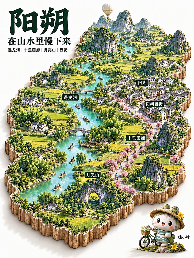 图生图同款微改创作：保持原图整体构图、3D微缩地图风格、白色背景、主标题“阳朔”、副标题“在山水里慢下来”、小字“遇龙河 | 十里画廊 | 月亮山 | 西街”、所有地标标签和右下角吉祥物完全不变。仅微调：1）十里画廊道路两旁点缀粉色桃花树，增添春意；2）遇龙河上多一只竹筏；3）月亮山上方天空加一个白色热气球。其余河流、西街、田园、光影与细节风格与原图保持一致，画面高清细腻。