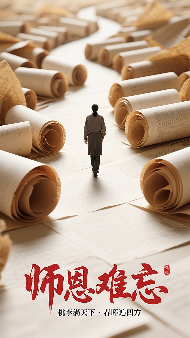 这张海报以海量书卷铺成知识之路，教师身影在其间坚定迈进，寓意其在知识海洋中为学生探路领航。“师恩难忘”点明主题，“桃李满天下·春晖遍四方”则生动诠释教师的育人成果与温暖影响。书卷元素承载文化传承，教师形象凸显育人担当，整体用具象画面与经典语句，将师恩的深厚、教育的意义浓缩其中，为教师节创意提供了“以知识之途衬师者耕耘，以桃李春晖抒感恩深情”的灵感，简洁有力地歌颂了师恩绵长。