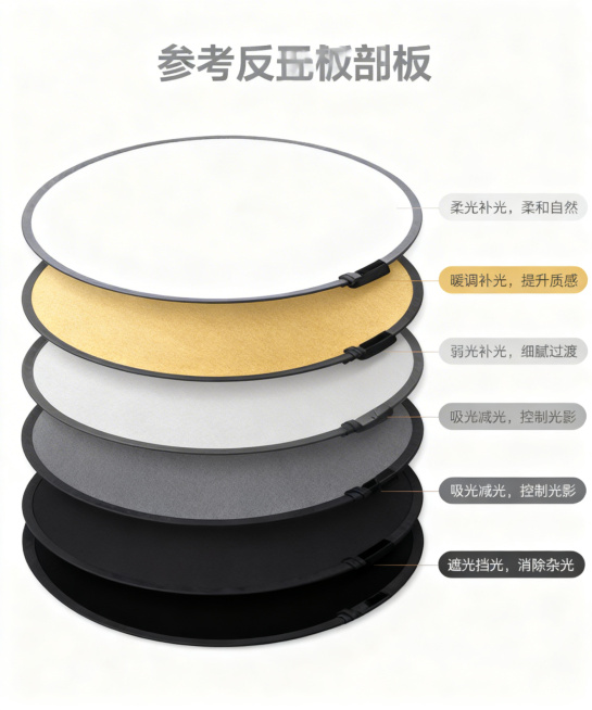 制作该反光板的剖面图，展示五层结构，第一层白色，标注“柔光补光，柔和自然”；第二层金色，标注“暖调补光，提升质感”；第三层浅灰色，标注“弱光补光，细腻过渡”；第四层深灰色，标注“吸光减光，控制光影”；预览效果