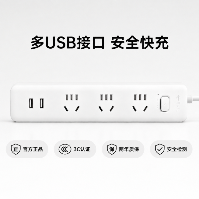 [主图-5]公牛插排USB接口整体认证保障展示。[氛围风格]简约灰白色科技质感，保持整体风格统一。[画质]商业摄影质感，光线柔和通透，产品清晰真实，画面干净高级。[元素]公牛插排完整放置居中，保持公牛预览效果