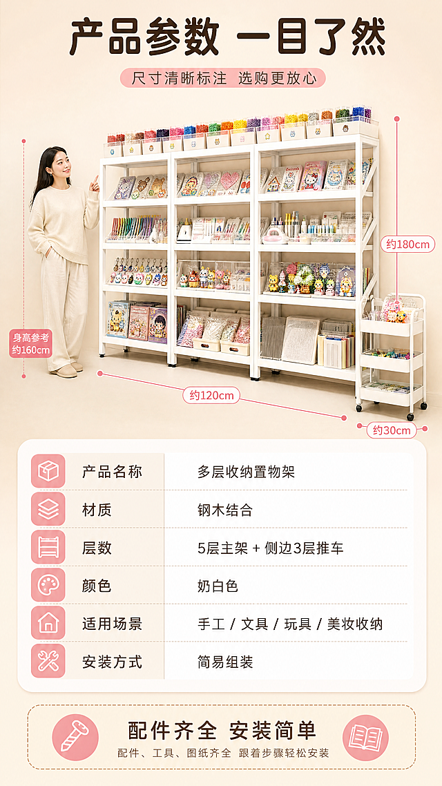 [商品] 使用【图1】白色多层落地收纳置物架；保留白色钢架结构、多层隔板、倾斜展示层、侧边推车、整体比例与颜色；商品处理：保留产品原貌，用于尺寸标注参照，保持结构准确。
[画面] 页面目标：规格参数页，清晰展示产品尺寸与核心参数。构图：上下分栏，上60%为产品正面标准照+尺寸引线标注，下40%为参数信息卡。主体占画面55%，正面角度，景别全景。阅读动线从上到下。背景为暖米色渐变底，简洁干净。产品旁加人物身高参照线（约1.6m女生示意），直观展示高度。
[视觉] 套系策略：风格=温馨奶油风家居商业摄影；标题字=粗黑体圆润字形；正文字=清晰无衬线黑体；主色=奶白色+暖米杏；背景延展=基于暖米杏做深浅层级、同色渐变和细腻质感；强调色=樱花粉，仅用于小面积图标、引线和标签；标题色=深暖棕；正文色=中暖灰；组件=圆角参数信息卡、细线尺寸引线、表格；光影=正面均匀柔光。
[文字] 顶部主标题「产品参数 一目了然」，尺寸标注：总高约180cm、总宽约120cm、深度约30cm（用约字保守表达）。下方参数卡：产品名称=多层收纳置物架、材质=钢木结合、层数=5层主架+侧边3层推车、颜色=奶白色、适用场景=手工/文具/玩具/美妆收纳、安装方式=简易组装。底部加「配件齐全 安装简单」小提示。文字全部横排，表格清晰。
[规格] 图片比例9:16竖版，4K分辨率，拼多多风格接地气高信息密度，避免变形、错字、文字过小、冷蓝/蓝灰背景、产品颜色改变、极限词、虚假参数承诺。