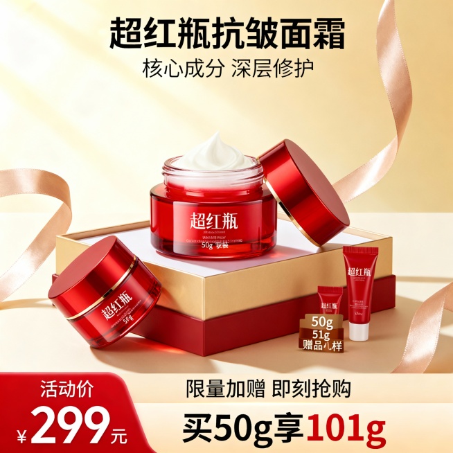 生成三张不同场景的面霜电商主图，价格“299元”，比例1:1，超红瓶 抗皱面霜 买50g享101g预览效果