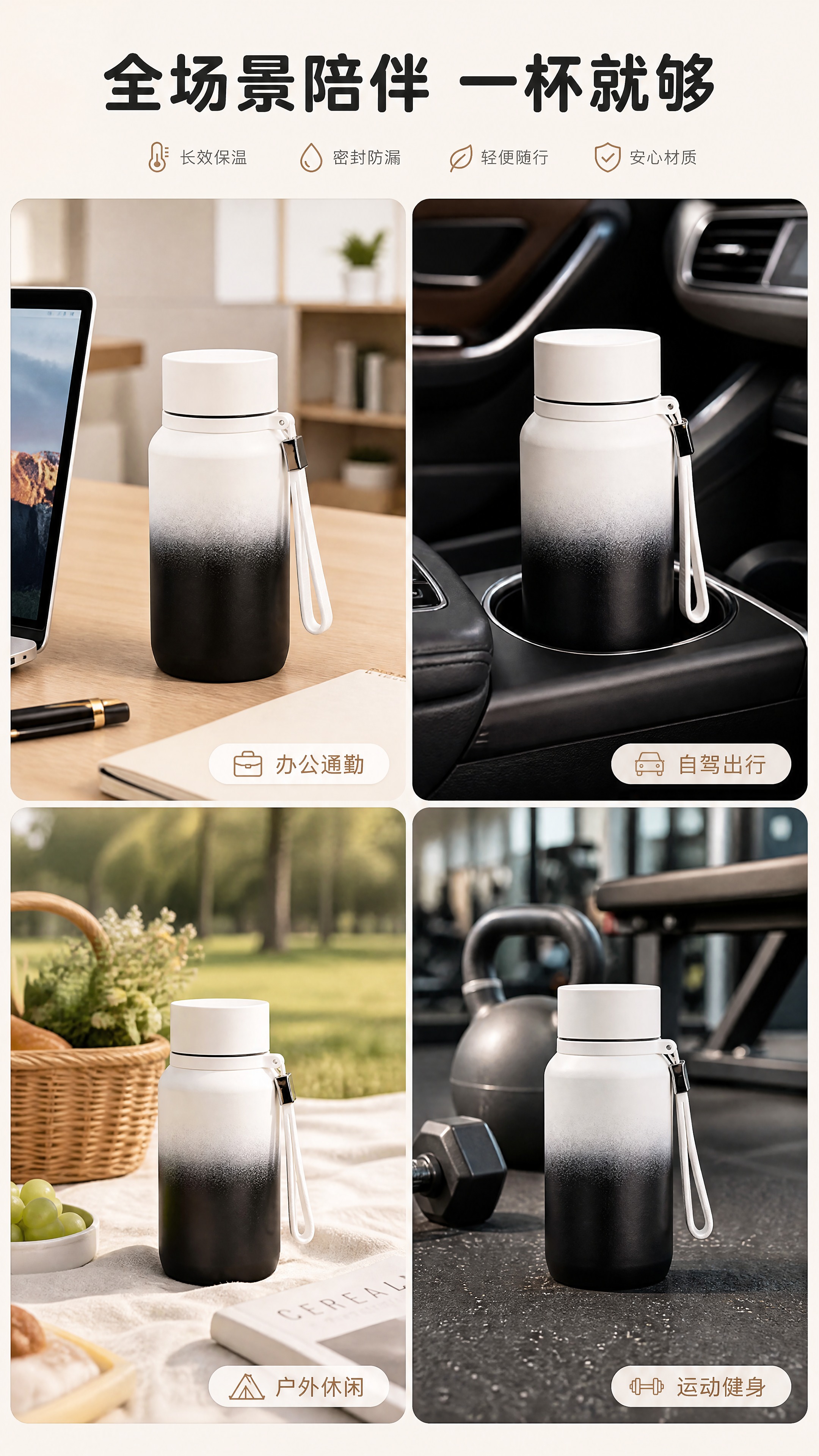 [商品] 使用【图1】黑白渐变保温杯；保留瓶身黑白渐变磨砂质感… - 图片创意预览