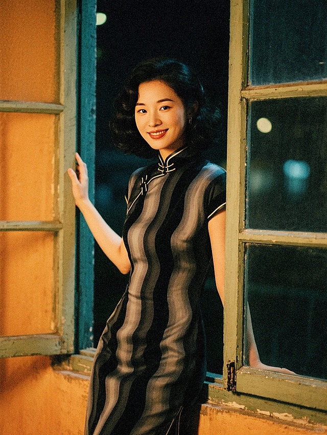 一个女生（穿竖波浪线黑灰渐变旗袍，手推波发型）站在敞开的复古窗台边，单手扶窗台，窗外是夜景，看镜头。