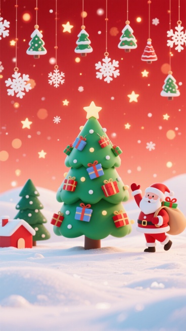 红色渐变背景，顶部悬挂多种样式的白色雪花与迷你圣诞树装饰，散布闪烁星星与光斑，底部雪地场景，中央是挂满礼物的绿色圣诞树，左侧有红色小房子与松树，右侧为背着礼物袋挥手的卡通风格圣诞老人，整体保持圣诞主题的欢快氛围，变换雪花图案样式与星星分布密度，增强底部雪地的层次感和光影效果。预览效果