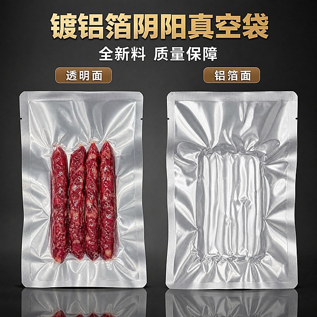 [主图-3] 阴阳镀铝箔真空袋正反面对比图，突出透明面展示产品、铝箔面提升档次的双面优势。
[统一基调] 整体风格为专业洁净的电商品质风，背景主色为深灰渐变背景（高端暗调），标题字色为金色，辅助字色为白色，强调色为金色，字体为无衬线粗体，字号层级分明，整体高端有质感。
[画面] 画面左右对称各放一只阴阳镀铝箔真空袋，左侧展示透明面，袋内装有四根红色香肠类熟食，透明面清晰展示食物形态；右侧展示铝箔面，呈现银灰色金属质感的完整背面。两只袋子大小一致，左右对称摆放，占画面约70%。两只袋子上方各有一个圆角标签，分别标注"透明面"和"铝箔面"。顶部居中大标题+副标题。底部有反光台面效果。产品外观、形状、材质、颜色与输入图完全一致，禁止变形。
[光影质感] 高端商业摄影质感，暗调背景下产品被主光照亮，铝箔面有强烈金属反光，透明面透出食物的真实色泽，底部有镜面反射效果，整体呈现高端奢华的品质感。
[配色] 背景深灰近黑渐变，产品银灰+透明+食物红色，标题金色，标签棕底白字，整体暗调高对比，突出产品档次感。
[文字版式] 顶部主标题"镀铝箔阴阳真空袋"，金色加粗大字，有金属质感；副标题"全新料 质量保障"，白色中号字，位于主标题下方。左右两只袋子上方各有一个棕褐色圆角标签，分别写"透明面"和"铝箔面"，白色文字。文字简洁不遮挡产品。
[输出要求] 比例1:1，文字清晰可读，产品清晰锐利，商业电商主图质感。禁止产品变形，禁止改变产品直径，禁止改变形状，禁止改变透视角度，禁止重新绘制产品，禁止新增产品，禁止减少产品，禁止改变产品颜色。禁止错字、模糊、杂乱、水印、平台Logo。