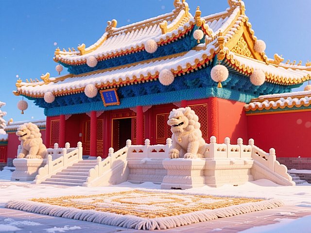 故宫太和殿，鎏金顶变为蓬松金丝绒渐变，从阳光金过渡到暖香槟色，垂脊神兽变成绒球装饰，朱红色宫墙变为低饱和度宫墙红短绒材质，墙顶覆盖的白雪呈现奶油花边质感，汉白玉台阶化作米白底色带有金色织纹的毛绒地毯，边缘装饰针织流苏，角楼采用多层毛绒叠搭，呈现深蓝到浅蓝的渐变效果，檐角风铃变成绒球串，冬日暖阳透过毛绒质感，柔和光影，超细节毛绒纹理，保留古建筑神韵，梦幻童话感