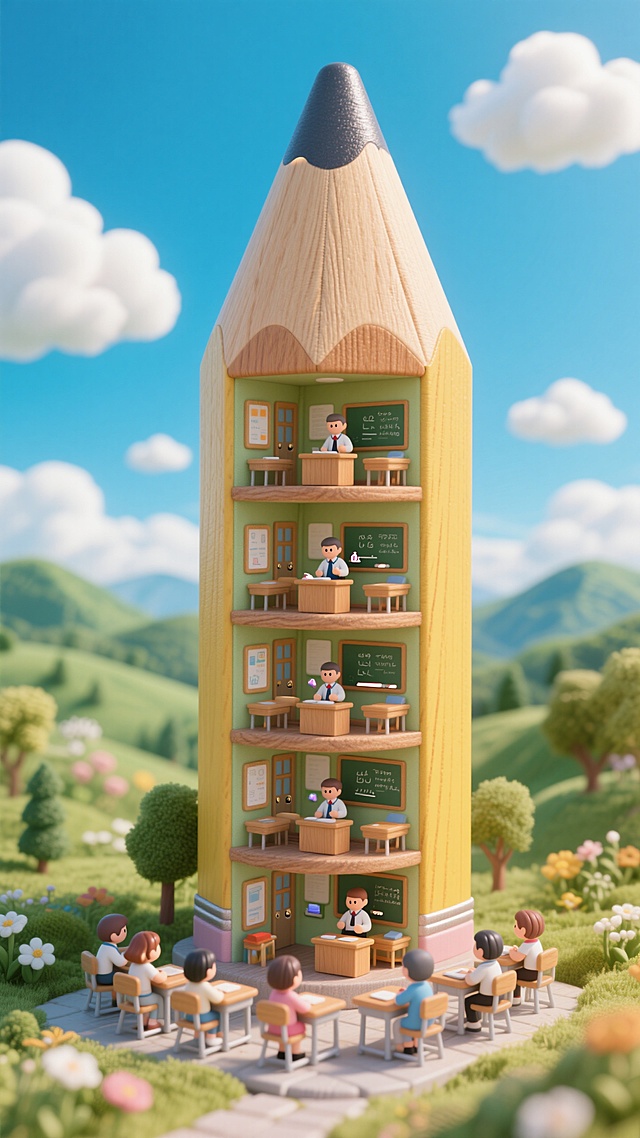 3D微缩艺术风，铅笔造型学校，清新卡通感，超现实主义设计，展现教育创意。