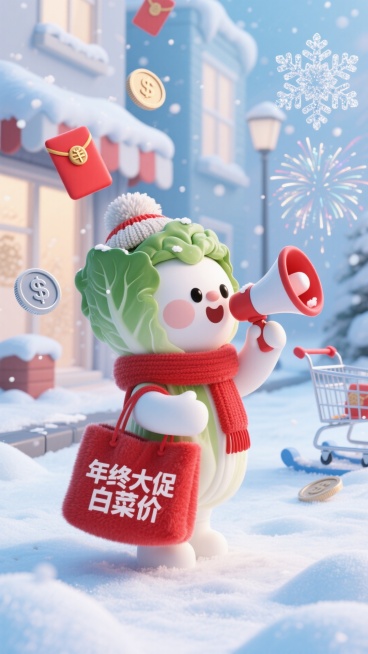 主视觉为戴着毛线帽围巾的白菜小人拿着雪地喇叭，背着毛绒红色购物袋呼喊，购物袋印着 “年终大促 白菜价”，冬日雪景促销氛围，红白与浅蓝配色的雪景街道背景，点缀雪花造型红包、银币、冰晶礼花、雪橇购物车元素预览效果
