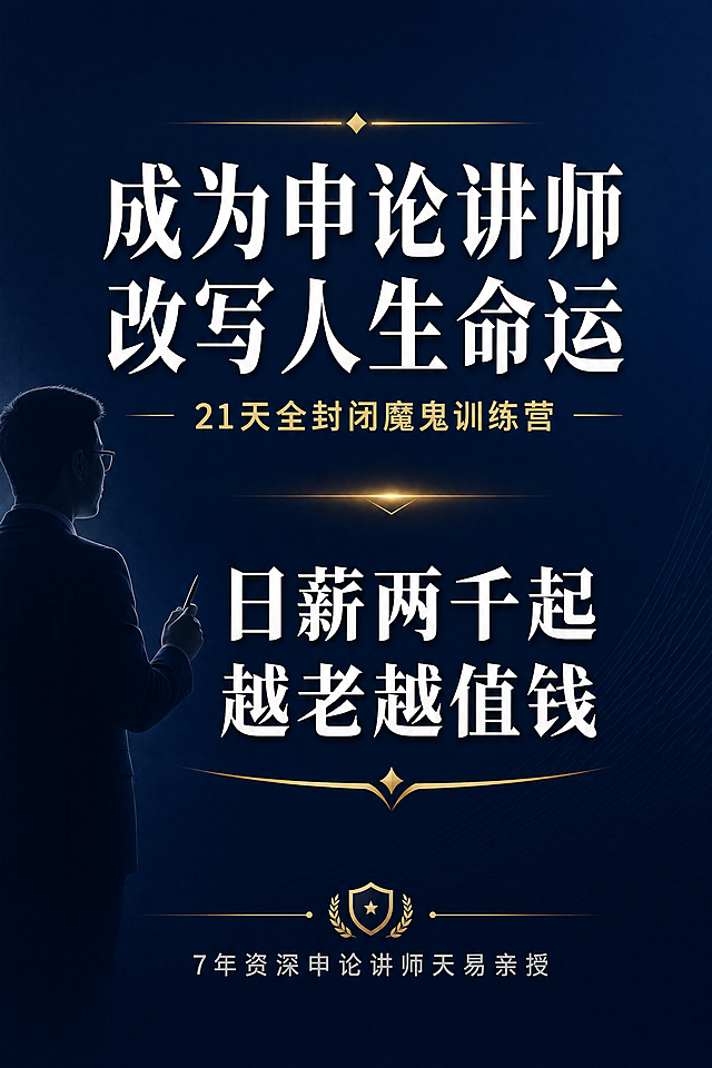 [第1屏] 详情页头图，申论超级讲师21天全封闭魔鬼训练营课程宣传。
[氛围/风格] 专业沉稳商务风，深蓝色高级背景，简洁大气，可信度强，商业设计质感。
[元素布局] 整体版面分上下结构，上部主标题区域占比约40%，中部宣传语占比约35%，下部信任背书占比约25%。留白得当，不拥挤。左侧可以搭配简约讲师剪影元素，右侧保留文字区域，文字不遮挡主体。
[光影质感] 整体光线均匀柔和，深蓝色背景渐变过渡自然，文字区域清晰明亮，明暗层次分明。
[配色色系] 全局底色 #162D59（深海蓝）；主体配色：白色文字为主，金色作为点缀；辅助色 #F5DE43（浅金）用于核心关键词高亮。
[视角构图] 竖版居中构图，从上到下阅读动线流畅，信息层级清晰。
[文字版式] 顶部主标题居中："成为申论讲师 改写人生命运"，白色大字，字号约占屏幕宽度10%；副标题："21天全封闭魔鬼训练营"，浅金色小字，主标题下方居中；再往下核心宣传语分两行："日薪两千起 越老越值钱"，白色加粗，字号约为主标题60%；底部信任背书："7年资深申论讲师天易亲授"，小字浅灰色居中；整体文字居中排版，层级分明，全部文字清晰可读。
[比例分辨率] 宽高比 2:3，4K分辨率，文字清晰可辨。
[负向提示词] 文字错乱，变形，水印，颜色偏差，背景杂乱，第三方联系方式，极限词，低俗内容。
