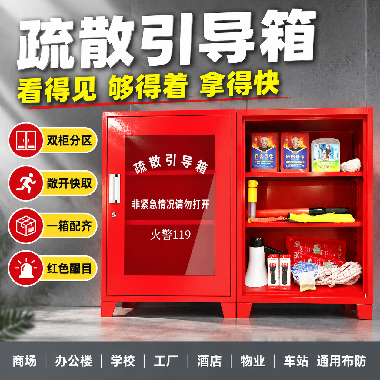 [主图-1] 首屏主张海报，突出红色双柜疏散引导箱的醒目外观与… - 图片创意预览