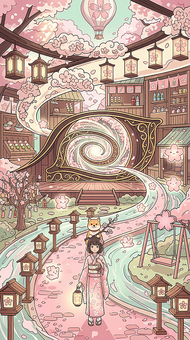 梦幻感与唯美感交织的樱花市集，卡通风插画融合浮世绘元素，少女身着和服携萌犬漫步，暖灯映衬粉色花瓣飘落，如童话般甜蜜可爱。