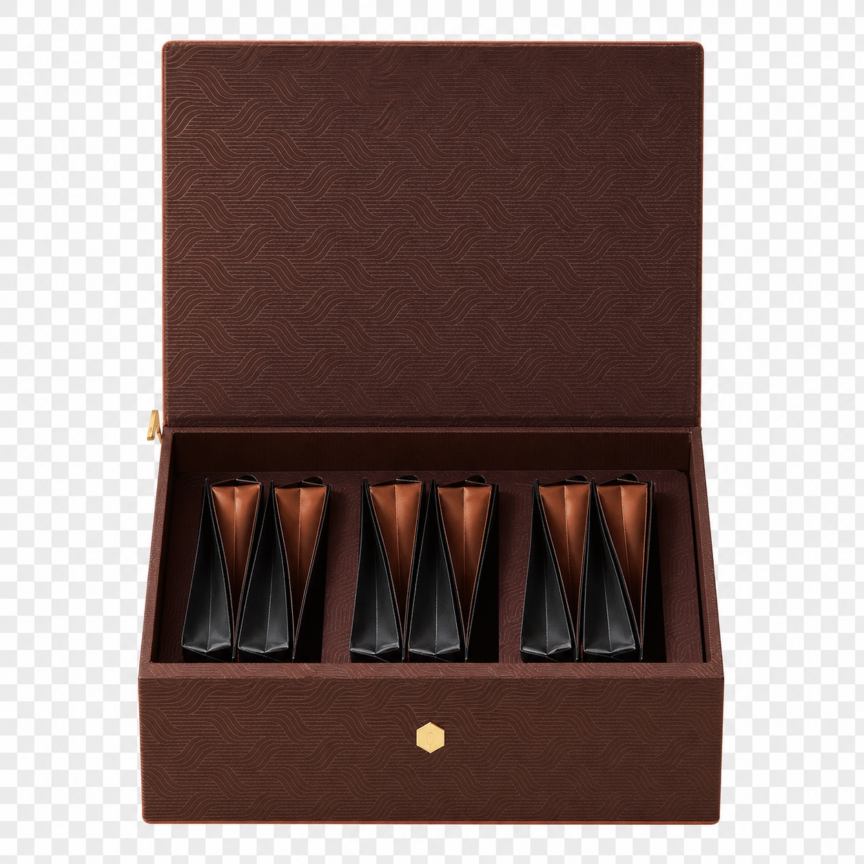 将这个打开的棕色茶叶礼盒改为正视图角度，礼盒盖子向上翻开呈90… - 图片创意预览