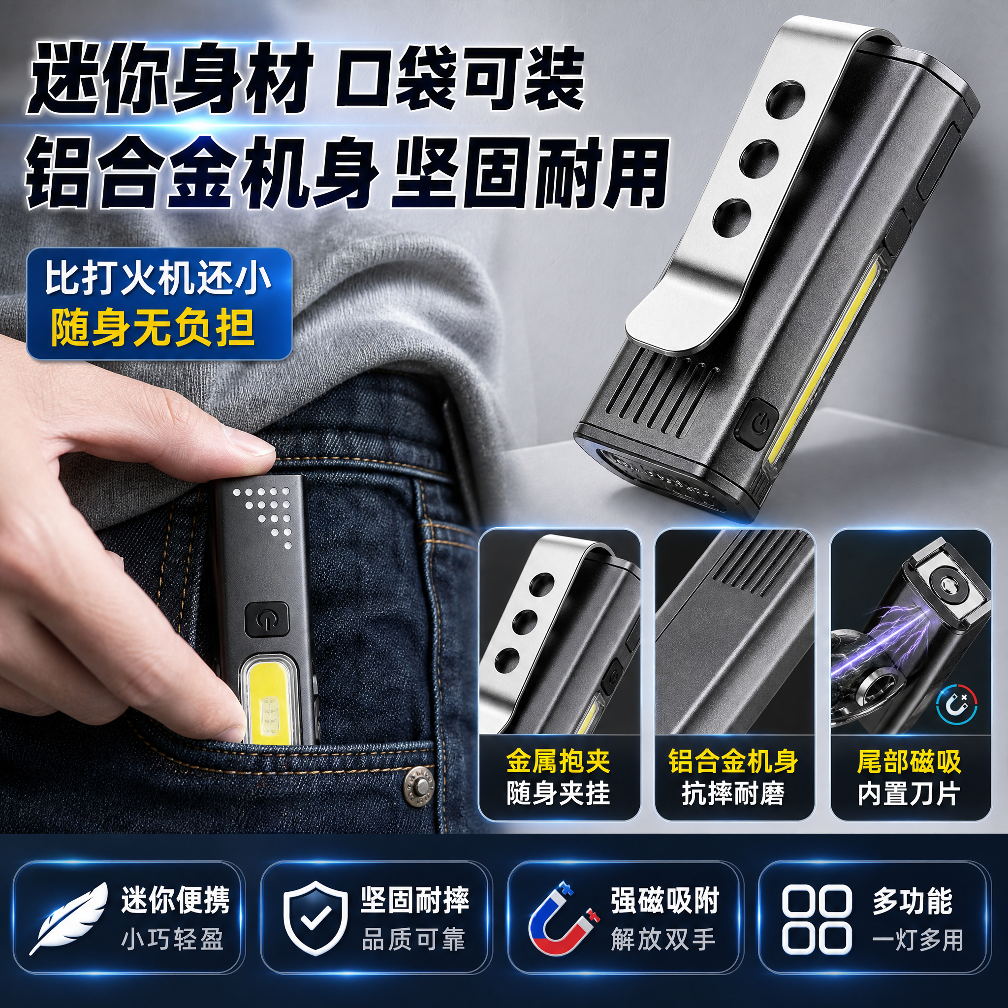 [主图-5] 尺寸便携+材质品质图，主题为迷你随身口袋可装+铝… - 图片创意预览