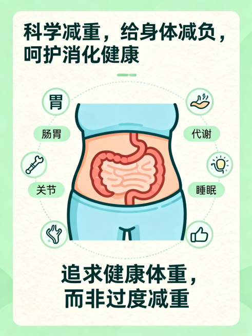 清新科普扁平化插画风格，暖浅绿+浅蓝+米白主色调，卡通图标简洁直观，文字轻量化。竖版画面，浅绿底色。顶部标题"科学减重，给身体减负，呵护消化健康"；中心绘制减重前后腹部对比卡通插画，展示脂肪减少肠胃更预览效果