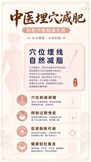 竖版9:16中医养生风格海报，主标题"中医埋穴减肥"，副标题"轻松享瘦健康生活"，装饰文案"安全调理 · 自然轻脂"，四条卖点："穴位刺激调理"、"抑制过剩食欲"、"促进新陈代谢"、"健康轻松瘦身"。预览效果