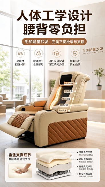 毛加能量沙发人体工学设计宣传海报，9:16竖版，白天明亮的康养门店展示场景，添加沙发人体工学曲线示意图和坐垫支撑细节效果，主标题文字"人体工学设计 腰背零负担"，副标题文字"毛加能量沙发 | 完美平衡预览效果