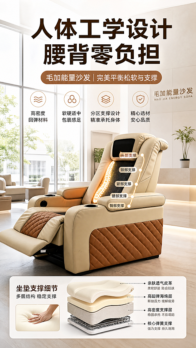 毛加能量沙发人体工学设计宣传海报，9:16竖版，白天明亮的康养门店展示场景，添加沙发人体工学曲线示意图和坐垫支撑细节效果，主标题文字"人体工学设计 腰背零负担"，副标题文字"毛加能量沙发 | 完美平衡松软与支撑"，正文卖点文字"高密度回弹材料 软硬适中 包裹感足 分区支撑设计 精准承托身体"，文案排版清晰，主标题字体突出，海报质感高级真实，白天光照自然
