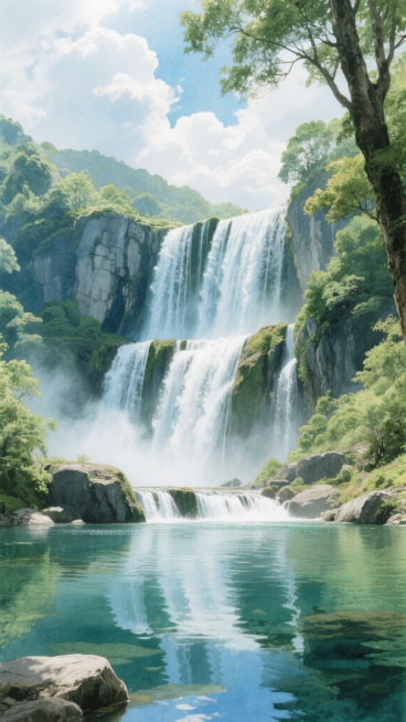高清水彩风格自然风景摄影，壮丽的多层瀑布从陡峭的岩壁倾泻而下，水流撞击底部岩石激起白色水雾，周围环绕着茂密的绿色植被和参天古树，阳光透过云层洒下形成斑驳光影，清澈的潭水倒映着蓝天白云与瀑布的壮观景象，整体画面呈现出清新自然、宁静悠远的氛围，色彩鲜明且和谐，光影层次丰富，构图采用三分法突出瀑布主体，兼具写实的细节刻画与艺术化的视觉美感。预览效果