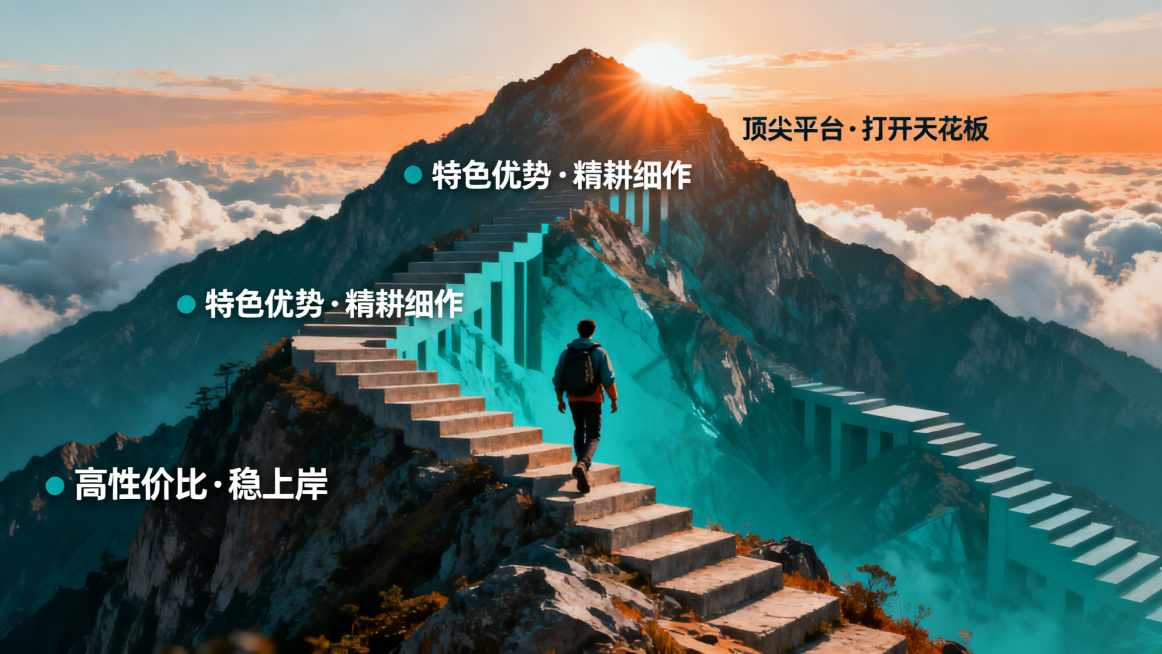山脉与阶梯融合的视觉隐喻：山脚标“高性价比·稳上岸”，山腰标“特色优势·精耕细作”，山顶标“顶尖平台·打开天花板”。一位登山者背对镜头，正踏上山腰台阶，阳光从山顶洒下，远处云海翻涌，象征广阔前景。整体预览效果