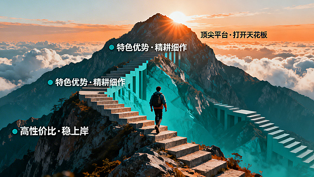 山脉与阶梯融合的视觉隐喻：山脚标“高性价比·稳上岸”，山腰标“特色优势·精耕细作”，山顶标“顶尖平台·打开天花板”。一位登山者背对镜头，正踏上山腰台阶，阳光从山顶洒下，远处云海翻涌，象征广阔前景。整体色调为青金+暖橙，兼具力量与希望。