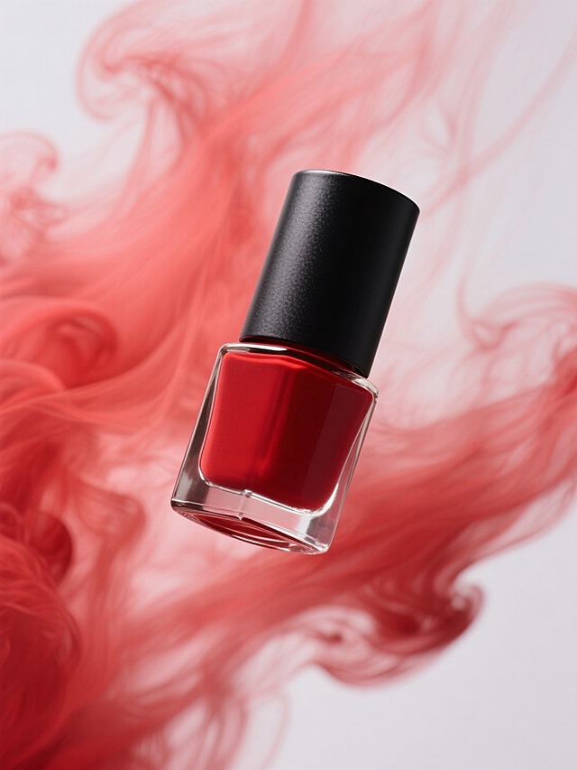 悬空一瓶红色的黑色磨砂壳指甲油，背景有大片如红色烟雾般晕染开的红色效果，少量留白。整体时尚富有艺术感。