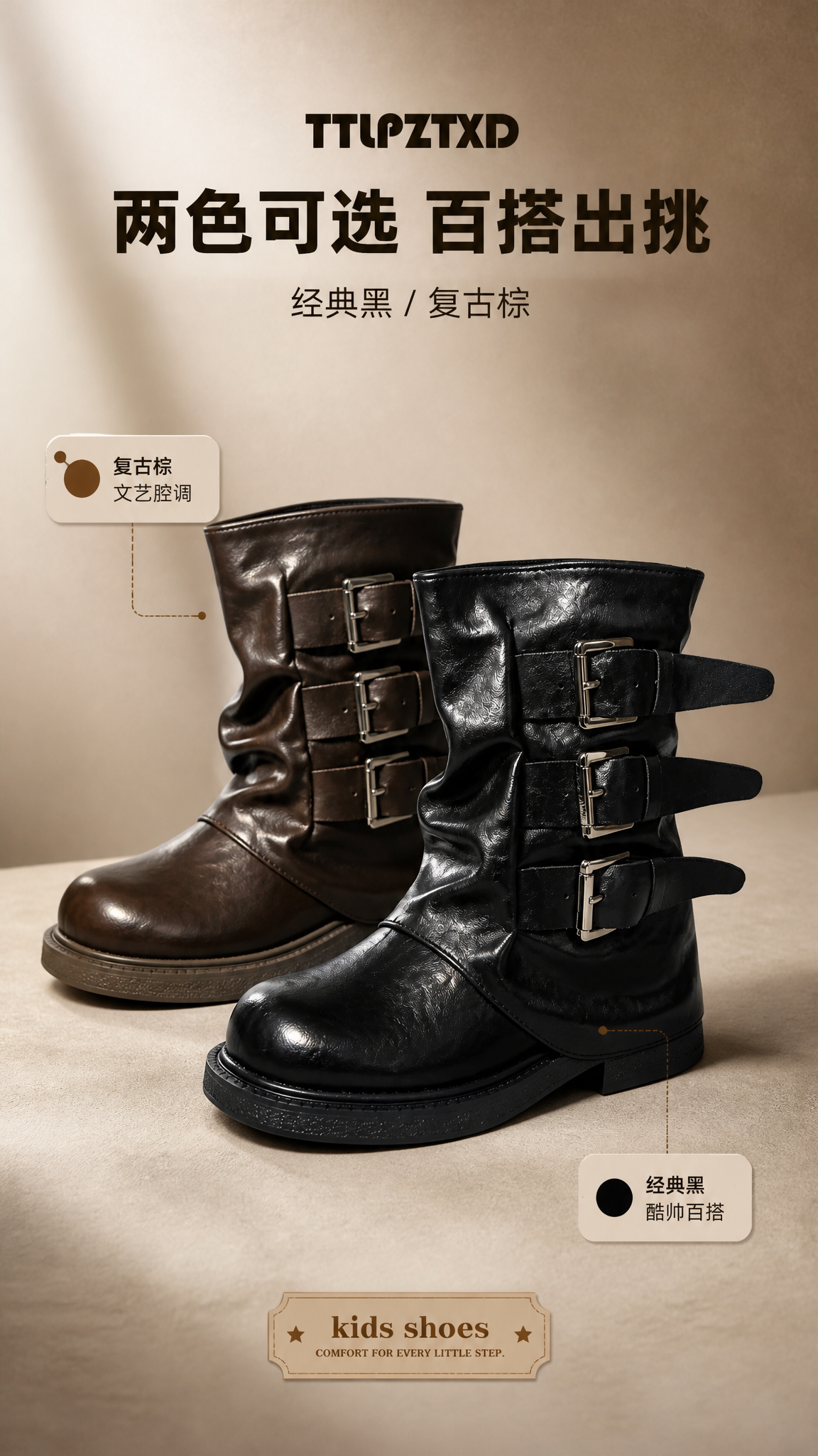 [商品] 使用【图5】黑色+棕色双色儿童三搭扣中筒皮靴同框图；… - 图片创意预览