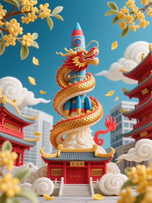 非遗面塑风格，现代建筑与传统古建融合，主体是一条红色金色相间的龙缠绕着科技蓝色的火箭向上腾空，周围飘落着黄色桂花花瓣和白色祥云，红金色和科技蓝为主色调，精致，富有层次感预览效果