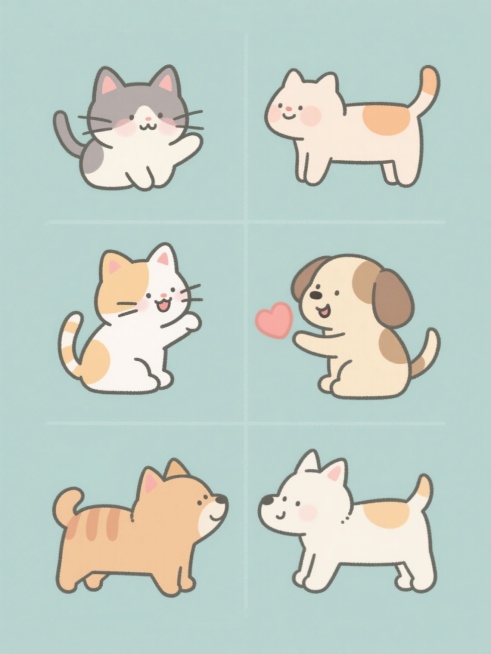 一组6个不同造型的猫和狗的系列插画，保持原插画的日式治愈系风格，采用平滑的线条、柔和的色彩过渡和简约的造型，每个角色都有独特的互动姿势和表情，整体色彩变换为清新的马卡龙色系，背景为纯色，所有插画规整地排列成2行3列的网格布局，展现出温馨友爱的氛围。预览效果