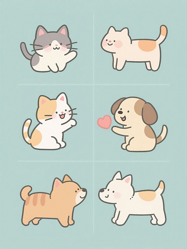 一组6个不同造型的猫和狗的系列插画，保持原插画的日式治愈系风格，采用平滑的线条、柔和的色彩过渡和简约的造型，每个角色都有独特的互动姿势和表情，整体色彩变换为清新的马卡龙色系，背景为纯色，所有插画规整地排列成2行3列的网格布局，展现出温馨友爱的氛围。