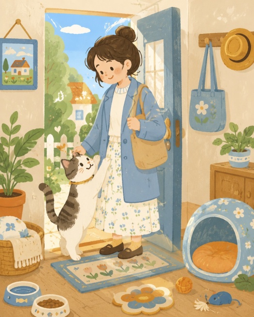 卡通插画，风格参考参考图，女主人下班开门，猫咪在家门口迎接她，猫咪站起来在女主人身上伸懒腰，女主人一脸欣慰看着猫咪，猫咪也开心看着女主人，旁边摆放着猫咪玩具、猫碗和猫窝，色彩柔和温馨，不添加任何文字预览效果