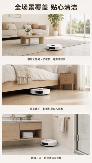 [第8屏] 本屏功能定义：J5Max智能扫地机器人多场景适配展示，展示不同居家环境使用效果。本屏保持和整套一致的浅色系简约风格。
[氛围/风格] 温馨居家风，实景场景搭配产品展示，自然生活化氛围感，保预览效果